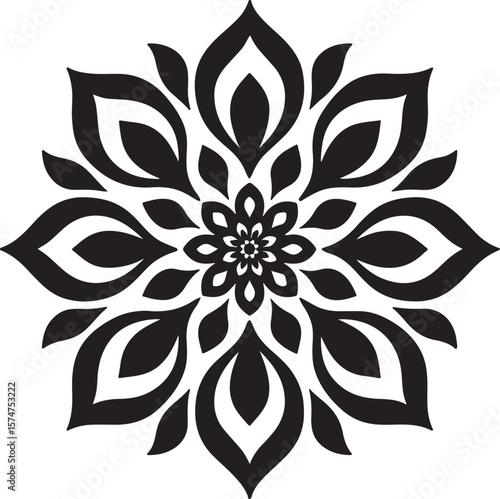 Intricate black mandala design with repeating petal shapes and geometric symmetry isolated on transparent background