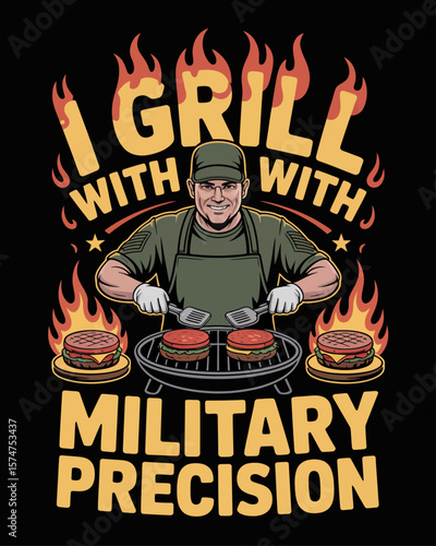 Cartoon vet grilling with tactical terms like “Meat Engaged” and title “I Grill with Military Precision” in flame lettering on black background for barbecue-loving veterans.