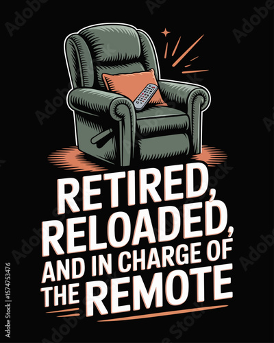 Camouflage recliner throne and remote on black background, captioned “Retired, Reloaded, and in Charge of the Remote” in proud bold font for comfy post-service life vibe.