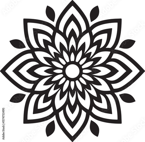 Intricate black and white mandala design with geometric petals and central circle isolated on transparent background