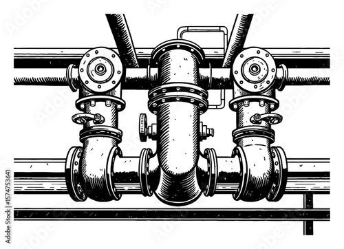 Industrial Pipes Flat Views System Black and White Outline Line Art Drawing Engraved Style Object