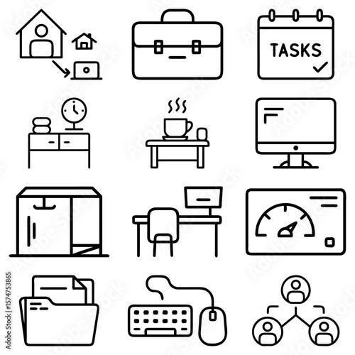 Work from home icon set showing desk, computer, keyboard, calendar, and work related symbols design