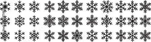 Collection of diverse black snowflake icons representing winter weather and cold season elements isolated on transparent background