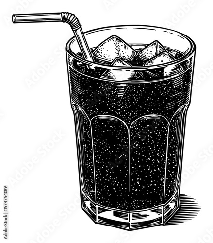 A Glass of Soda with Ice and Straw Black and White Outline Line Art Drawing Illustration Style Isolated Object