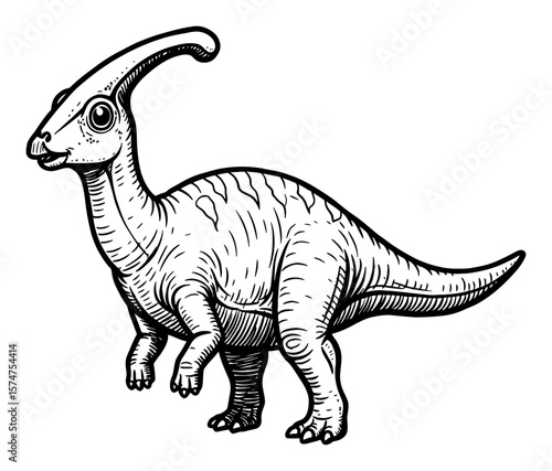 Adorable Parasaurolophus Dinosaur Cute Full Body Shot Black and White Outline Line Art Drawing