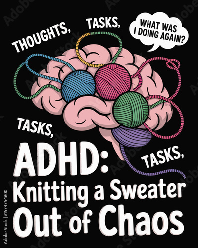 Brain tangled in colorful yarn labeled “Thoughts,” “Tasks,” “What Was I Doing Again?” Caption: “ADHD: Knitting a Sweater Out of Chaos” on black background.