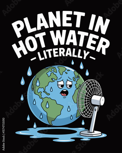 Earth sweating at the gym with a fan. Caption: “Planet in Hot Water – Literally” in sporty font on black background.