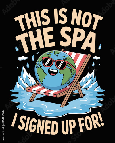 Earth lounging on beach chair amid melting glaciers. Caption: “This Is Not the Spa I Signed Up For!” in bold beach-style font on black background.