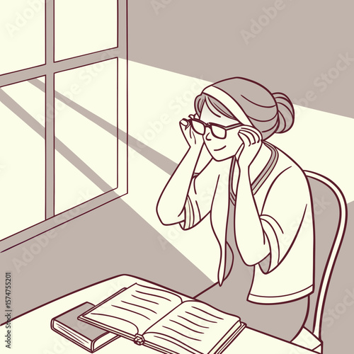 Illustration of a woman with glasses sitting at a desk near a window reading an open book in the light