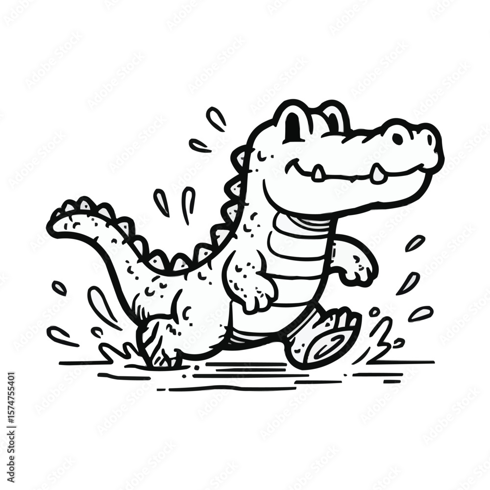 Obraz premium Cute Cartoon Alligator Running and Splashing Line Art