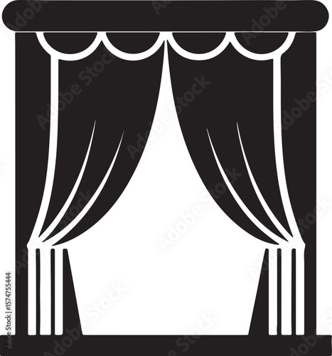 Drapery stage curtains opening to reveal a space silhouette isolated on white background