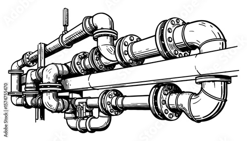 Detailed Complex Industrial Pipes System Flat View Black and White Outline Line Art Drawing with Flanges