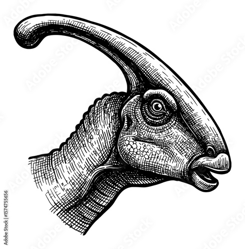 Parasaurolophus Head Portrait Detailed Black and White Outline Line Art Drawing Extinct Dinosaur
