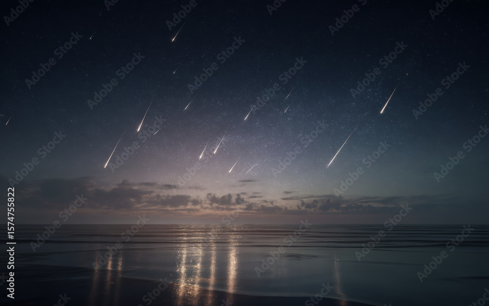 Naklejka premium Meteor Shower Over Ocean – Night Sky Reflections