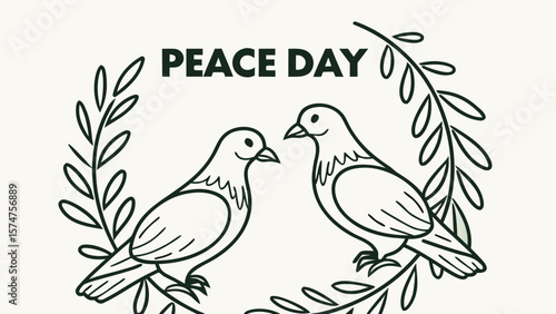 Two Doves of Peace:  Elegant Line Art Illustration for Peace Day, Featuring a Serene Olive Branch Wreath, Symbolic of Harmony and Tranquility.