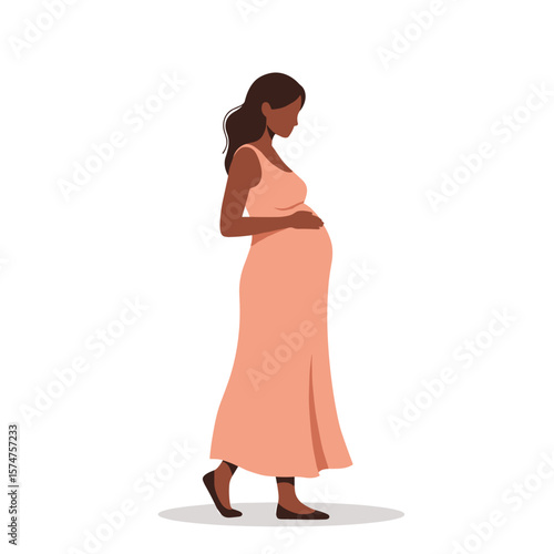 Pregnant woman, serene, walking and cradling belly, against a plain white background