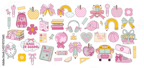 Back to school stationary stickers. Stationery in retro groovy coquette style