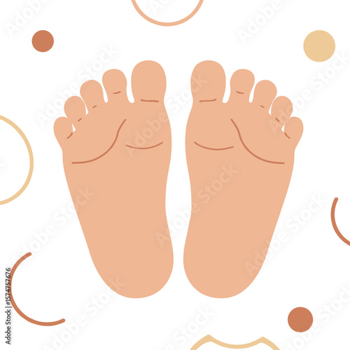 Cute baby feet illustration on a white background with abstract shapes for children's design