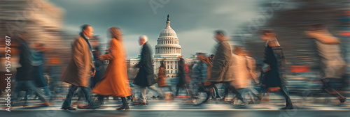 Blurred view of pedestrians crossing the street near the united states capitol building