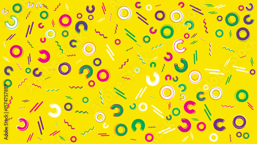 Bright yellow background with colorful geometric shapes. Vector for abstract background, presentation, website, and creative poster.