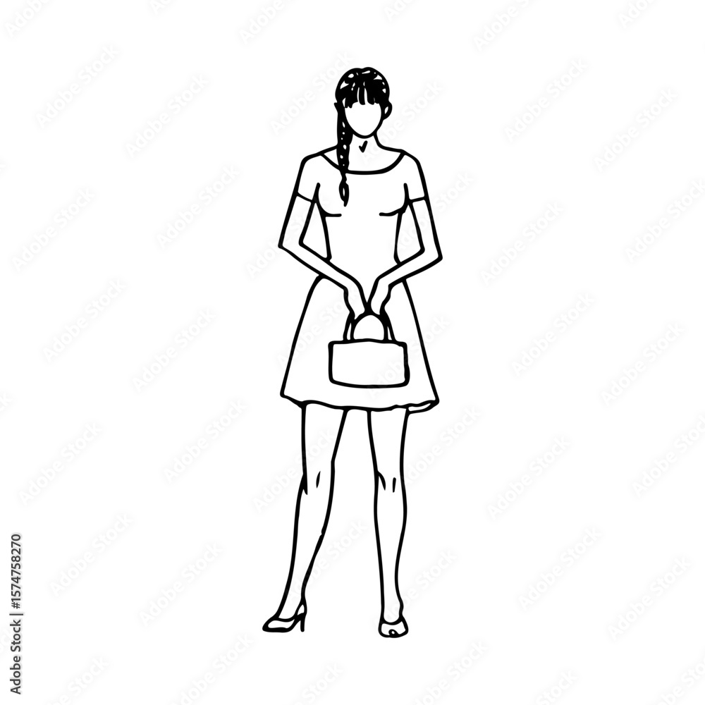 full length girl standing in dress in high heels and holding handbag with both hands in front of her - hand drawn line art full length girl standing in dress in high heels and holding handbag with both hands in front of her - hand drawn line art