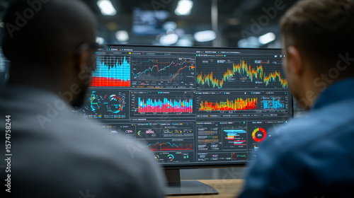 Two analysts review complex data visualizations on a large computer screen display