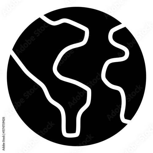 Earth Globe Glyph Silhouette Black Icon Vector Design - simple globe showing continents, representing worldwide reach or geography