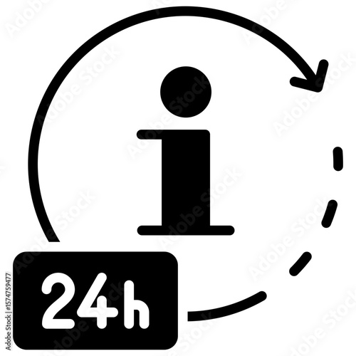 Info Service Glyph Silhouette Black Icon Vector Design - 24h info symbol with arrows, indicating around-the-clock information or customer service