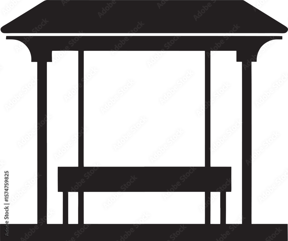 Simple bus stop shelter with bench silhouette isolated on white background Simple bus stop shelter with bench silhouette isolated on white background