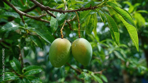 fresh green mangoes on tree branch
