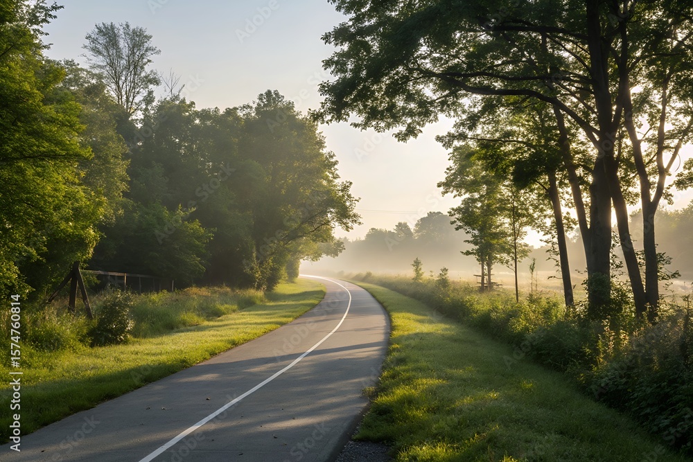 Fototapeta premium Curving paved path through a misty forest at sunrise with sun rays filtering through trees