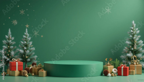 Festive Christmas scene podium for products showcase, promotional sale, minimalist green background