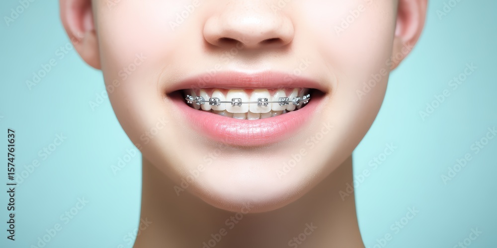 Obraz premium Cropped portrait of young woman smiling with dental braces showing natural beauty and healthy teeth orthodontic treatment concept for dental care hygiene medicine and modern healthcare promotion