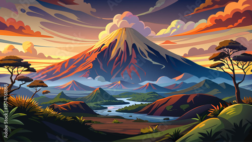 Mount Meru, Tanzania – Conical volcanic peak towers above rainforest and crater lakes. Wisps of cloud curl around summit at dawn.