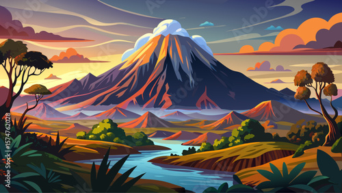 Mount Meru, Tanzania – Conical volcanic peak towers above rainforest and crater lakes. Wisps of cloud curl around summit at dawn.