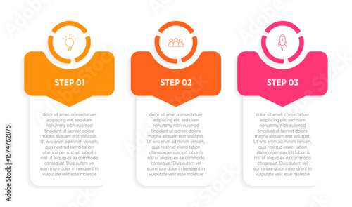 Three rectangular frames with arrows placed in horizontal row. Concept of 3 stages of strategic process. Modern flat infographic design template. Simple vector illustration for presentation.