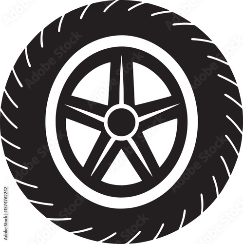 Black silhouette of a car tire with a five spoke wheel isolated on white background