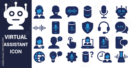 Virtual assistant icons with robots and communication symbols technology