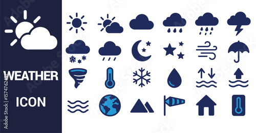 Weather icons sun clouds rain snow wind umbrella thermometer vector
