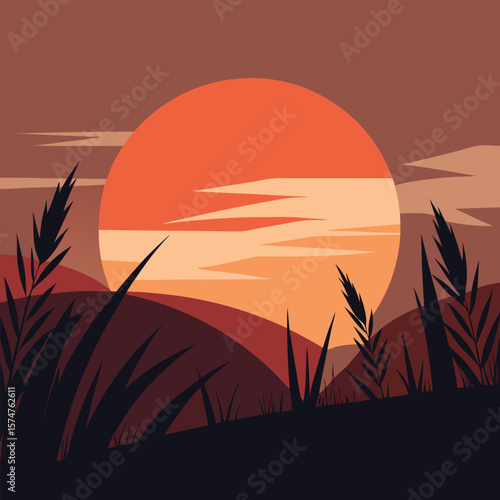Golden sunset bathes a vast wheat field, silhouettes of grass and reeds against an orange and red sky, creating a serene summer landscape