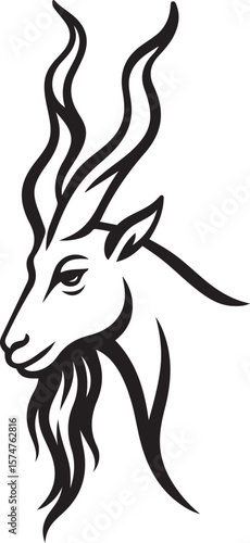 Capricorn goat head black and white line art, Zodiac animal silhouette for vector design