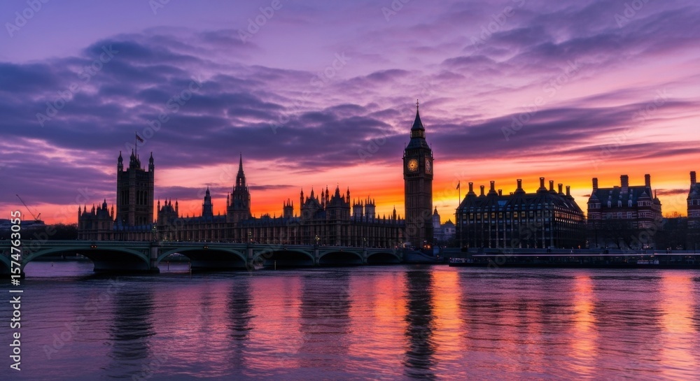 Obraz premium Majestic London Skyline at Sunset With Iconic Big Ben Tower Reflected in the River Thames