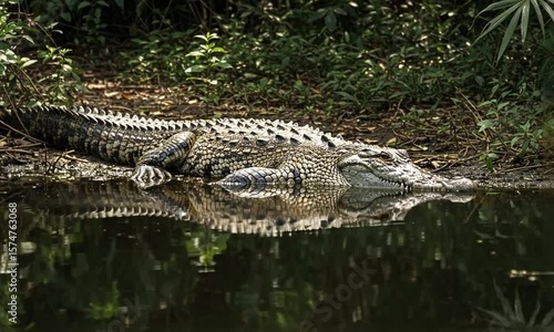 Crocodile resting near water's edge