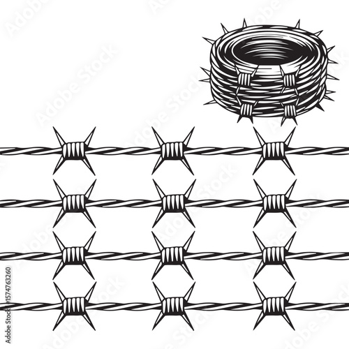 high-resolution barbed wire vector graphic featuring coiled and straight strands for construction and security visuals