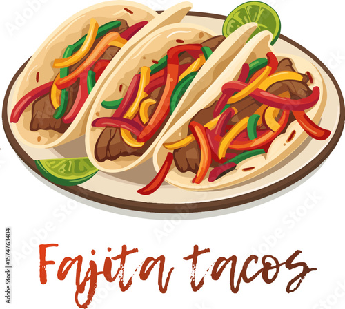 Fajita tacos delicious mexican food vector icon isolated on white background. Two cartoon fajita tacos illustration. The tacos are made with grilled meat, onions, and peppers wrapped in a tortilla