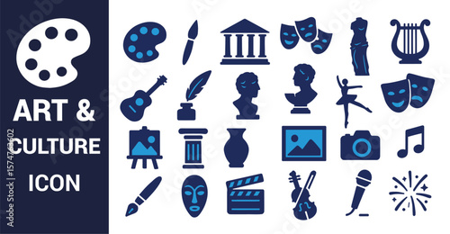 Art and culture icons including painting supplies theater masks and musical instruments