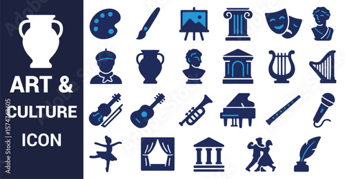 Art and culture icons collection with musical instruments and ancient artifacts vector