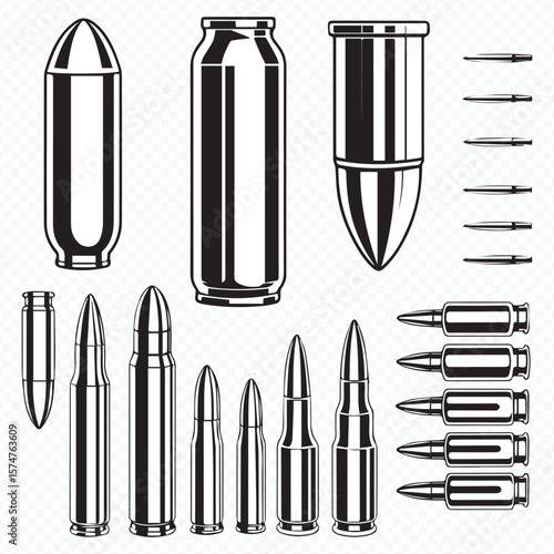 vintage style vector graphic of different ammunition cartridges and bullets in black and white