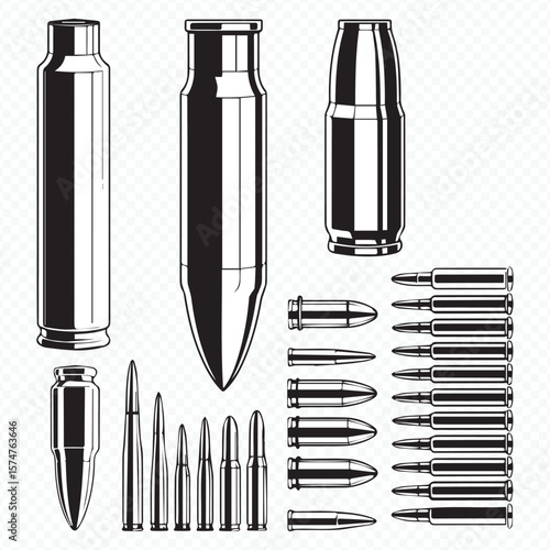 clean black and white vector collection of bullets and cartridges for military and firearm designs