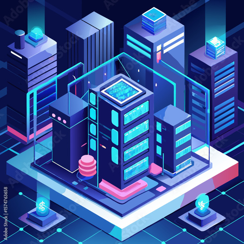 Isometric Futuristic Cityscape: Neon Blue Data Center Network, Digital Technology, Abstract, Modern, Illuminated